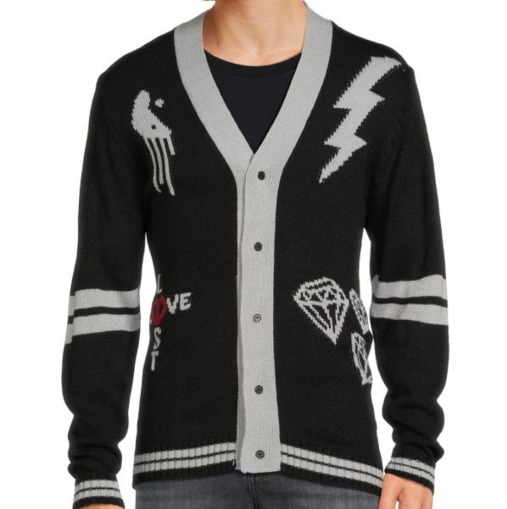 Reason Men's Love Lost Intarsia Knit Graphic Button Up Cardigan Size Large NWT